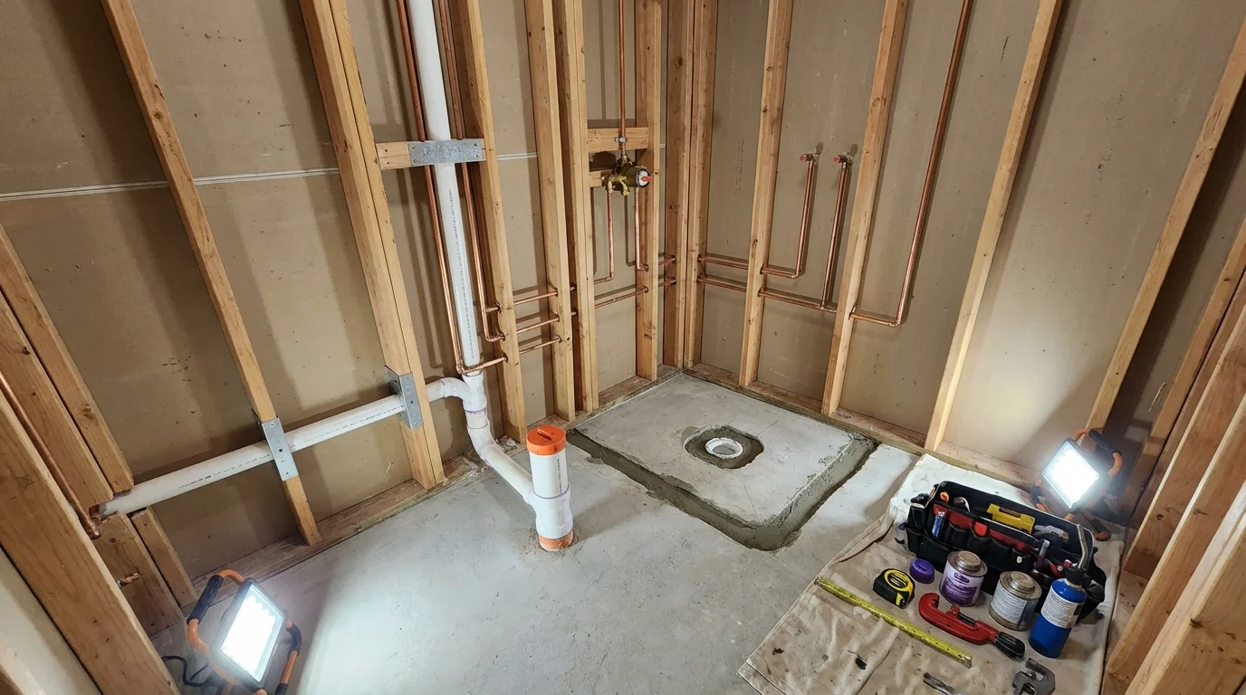 Bathroom rough-in plumbing during remodel by Johns Plumbing LLC in Newton