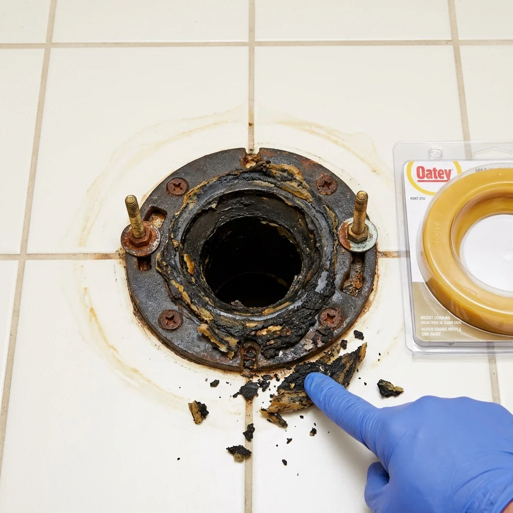 Failed wax ring showing water seepage at the base of a toilet in a Newton, MS home